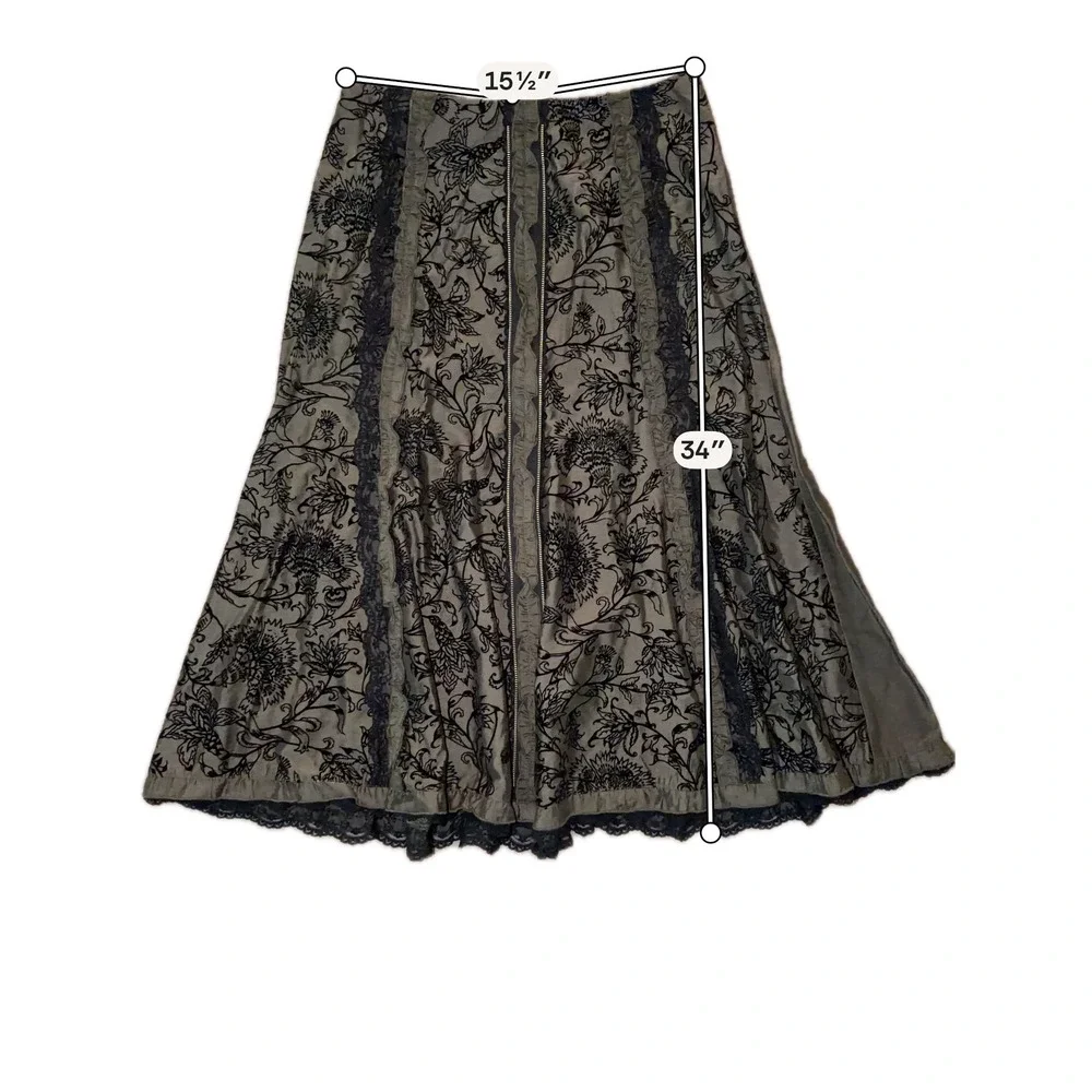 Calico Floral Embroidered Lace Trim Midi Skirt Olive Black Gothic Boho  12 A10